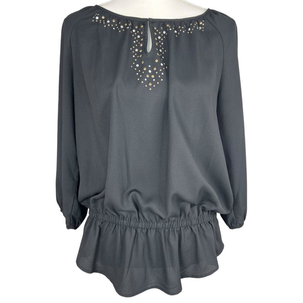 Chico’s Women’s Gold Silver Embellished Black Peplum Blouse Size 1, US 8